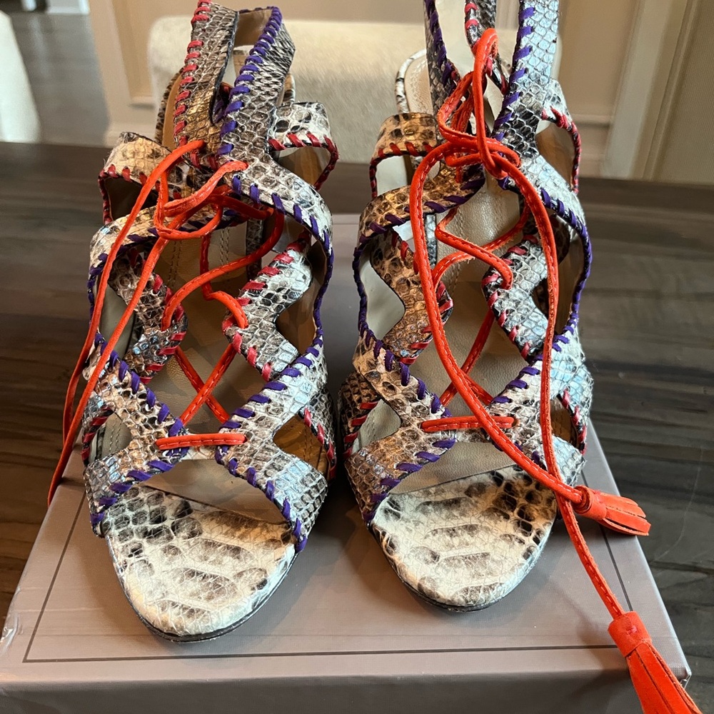 BCBG Snakeskin Lace-Up Heels - Orange and Purple pops! Orange tassels